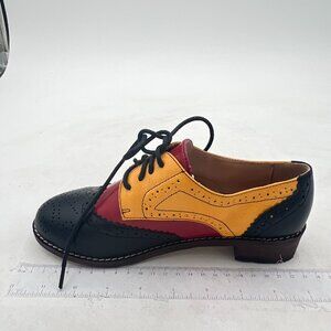 FSJ Black Yellow Women's Perforated Lace-Up Oxfords Almond Toe Chunky Heel Shoes